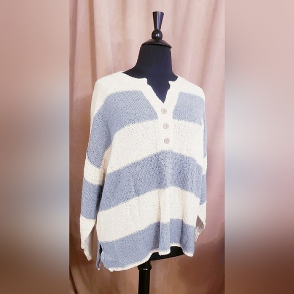 PINK LILY OVERSIZED STRIPED HENLEY SWEATER - Picture 11 of 15